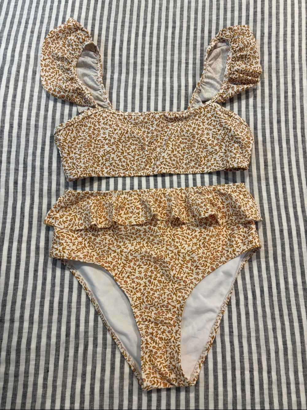 Rylee + Cru Cream and Brown Floral Ruffle Two-Piece Bikini
